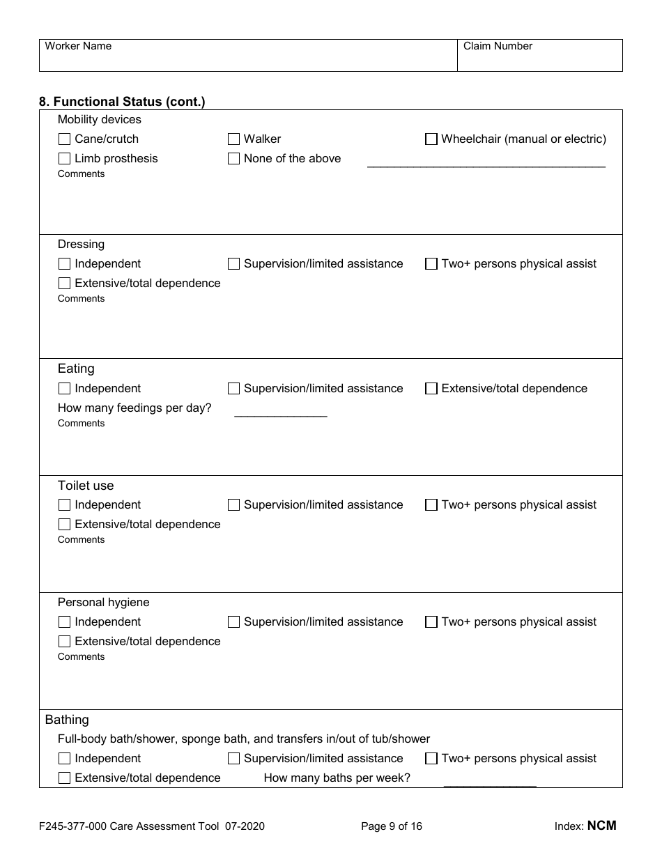 Form F245-377-000 Care Assessment Tool - Washington, Page 9