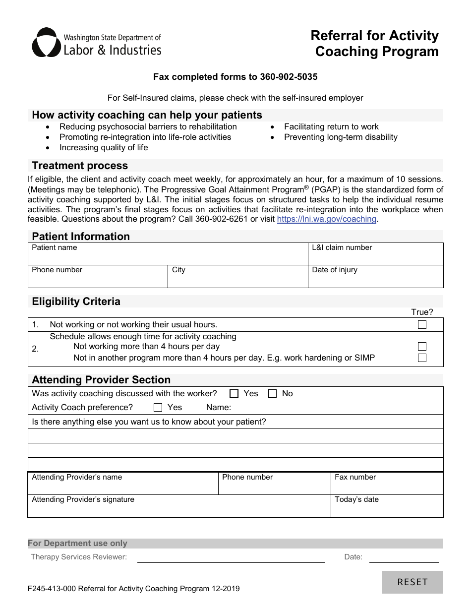 Form F245-413-000 Referral for Activity Coaching Program - Washington, Page 1