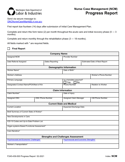 Form F245-439-000 Nurse Case Management (Ncm) Progress Report - Washington