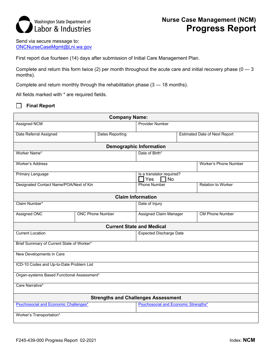 Form F245-439-000 Nurse Case Management (Ncm) Progress Report - Washington, Page 1