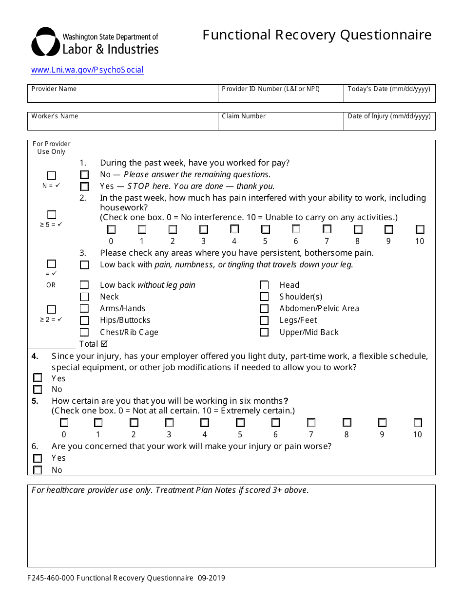 Form F245-460-000 Functional Recovery Questionnaire - Washington, Page 1