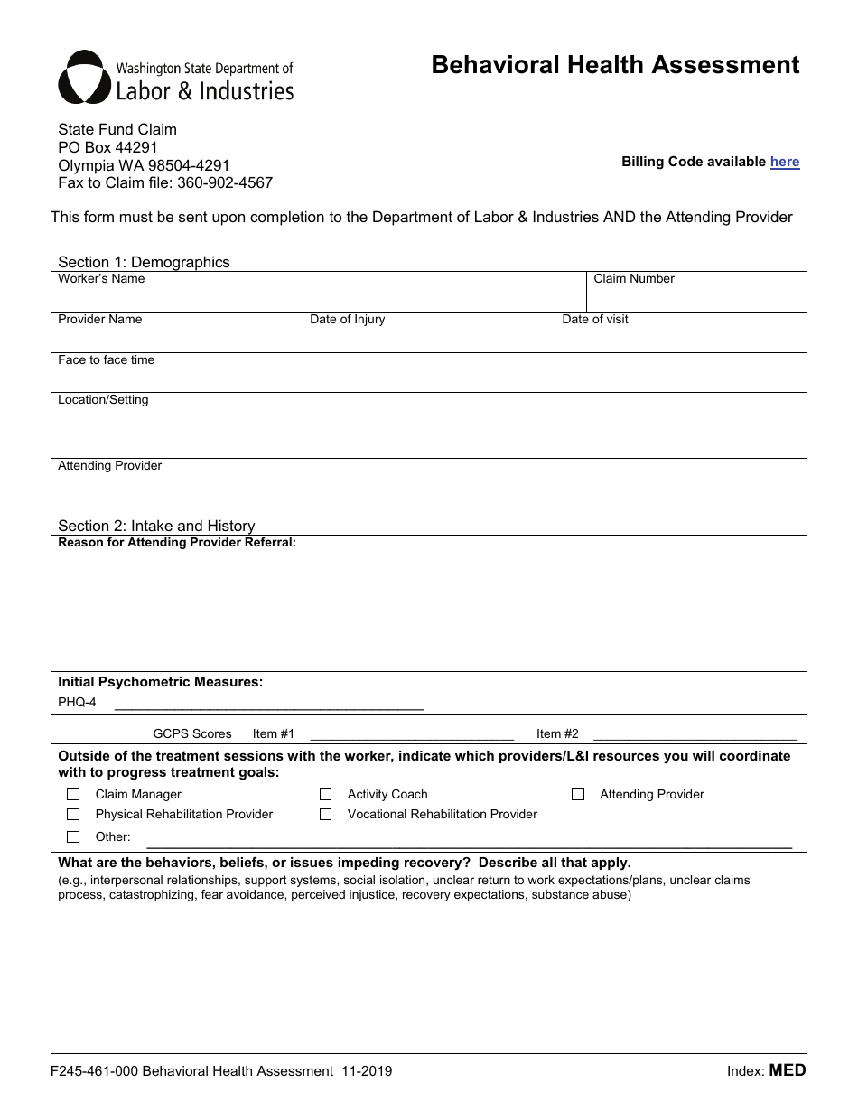 Form F245-461-000 Behavioral Health Assessment - Washington, Page 1