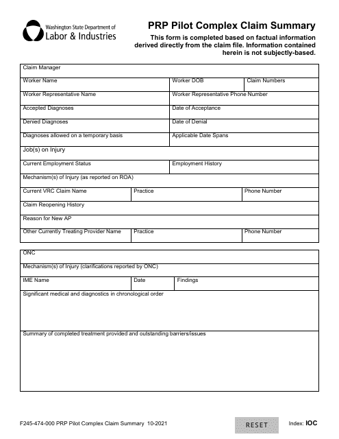 Document preview: Form F245-474-000 PRP Pilot Complex Claim Summary - Washington