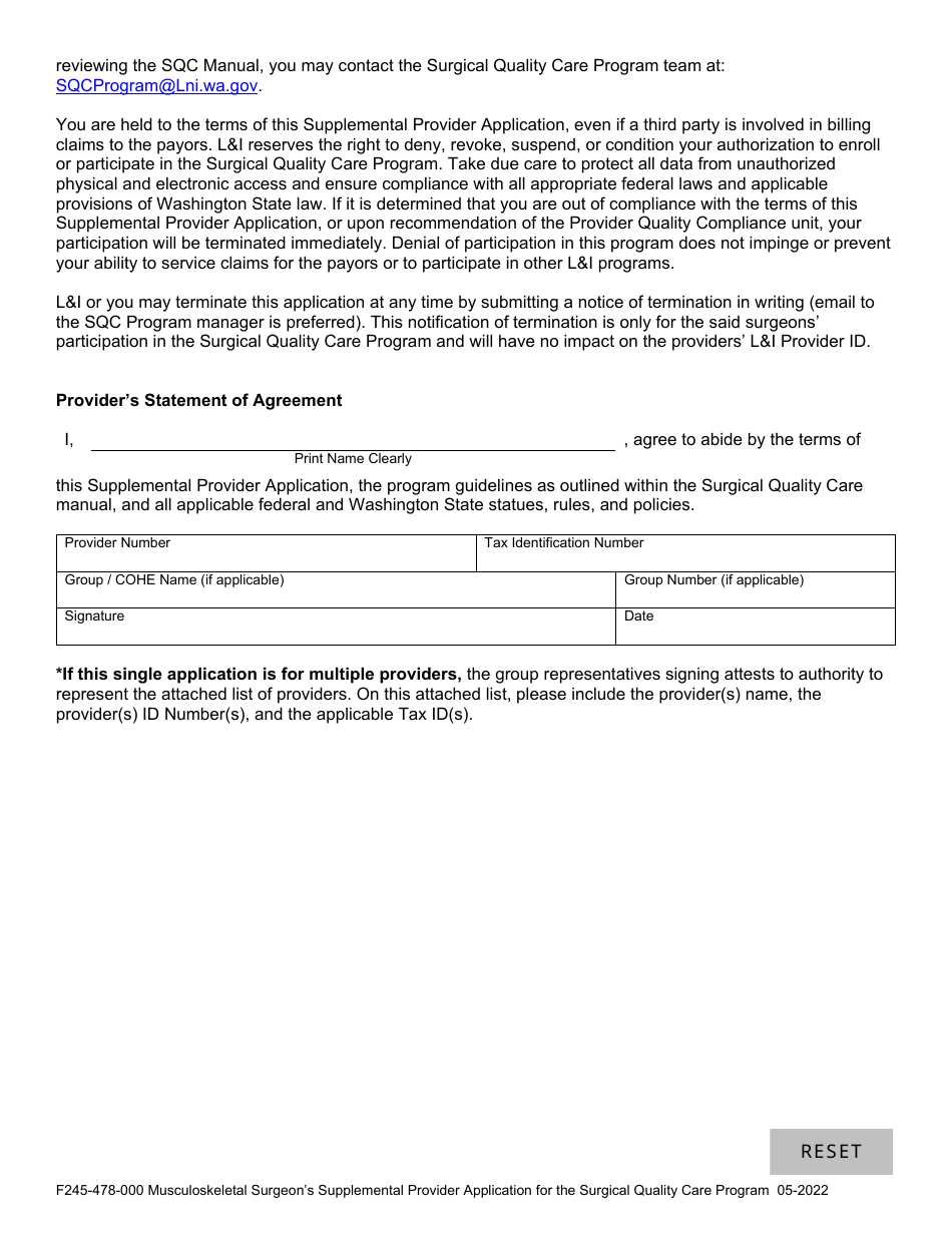 Form F245-478-000 Musculoskeletal Surgeons Supplemental Provider Application for the Surgical Quality Care Program - Washington, Page 3