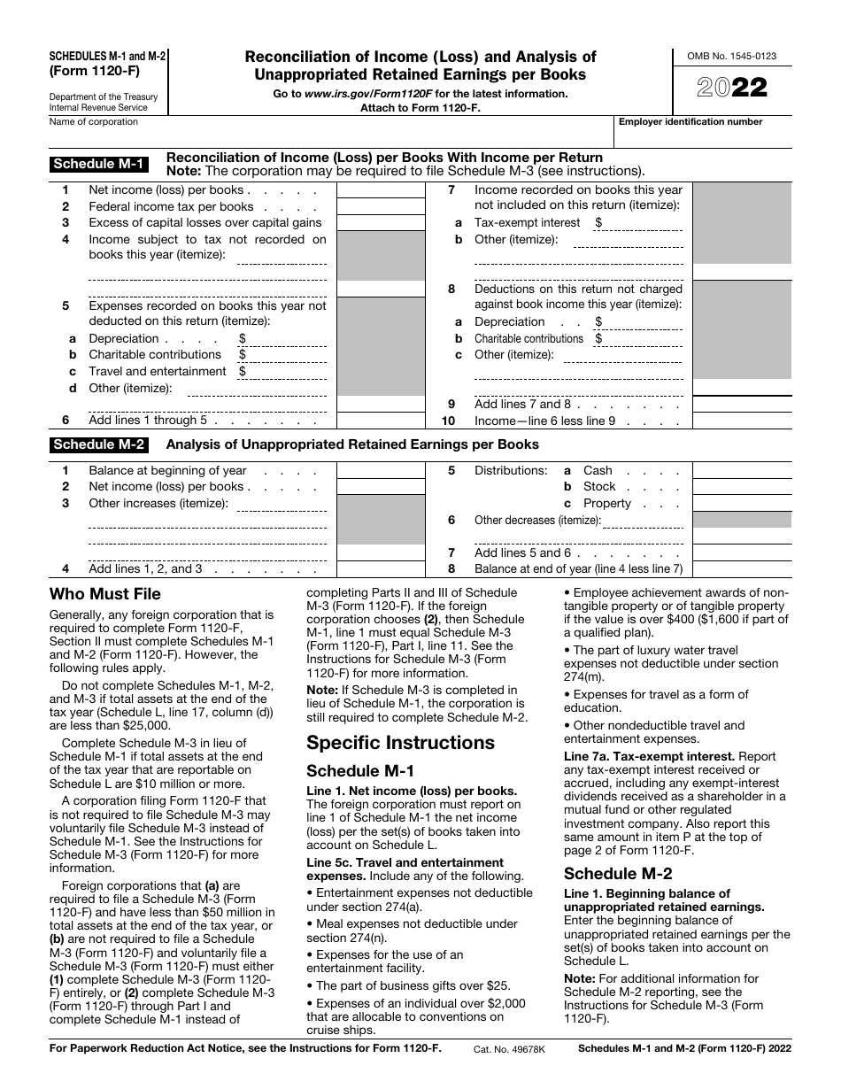 IRS Form 1120-F Schedule M-1, M-2 Reconciliation of Income (Loss) and Analysis of Unappropriated Retained Earnings Per Books, Page 1