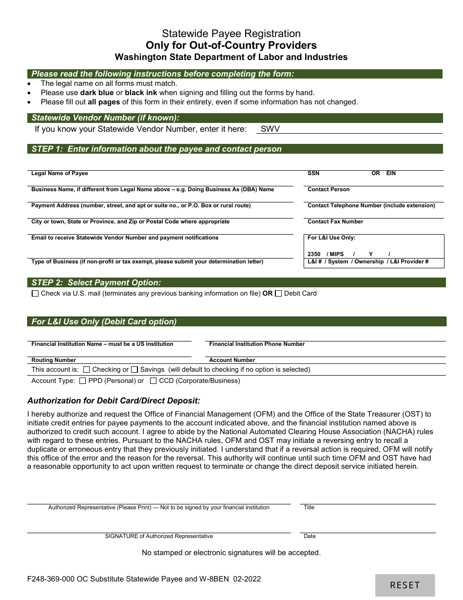 Form F248-369-000 Statewide Payee Registration for out-Of-Country Providers - Washington, Page 1