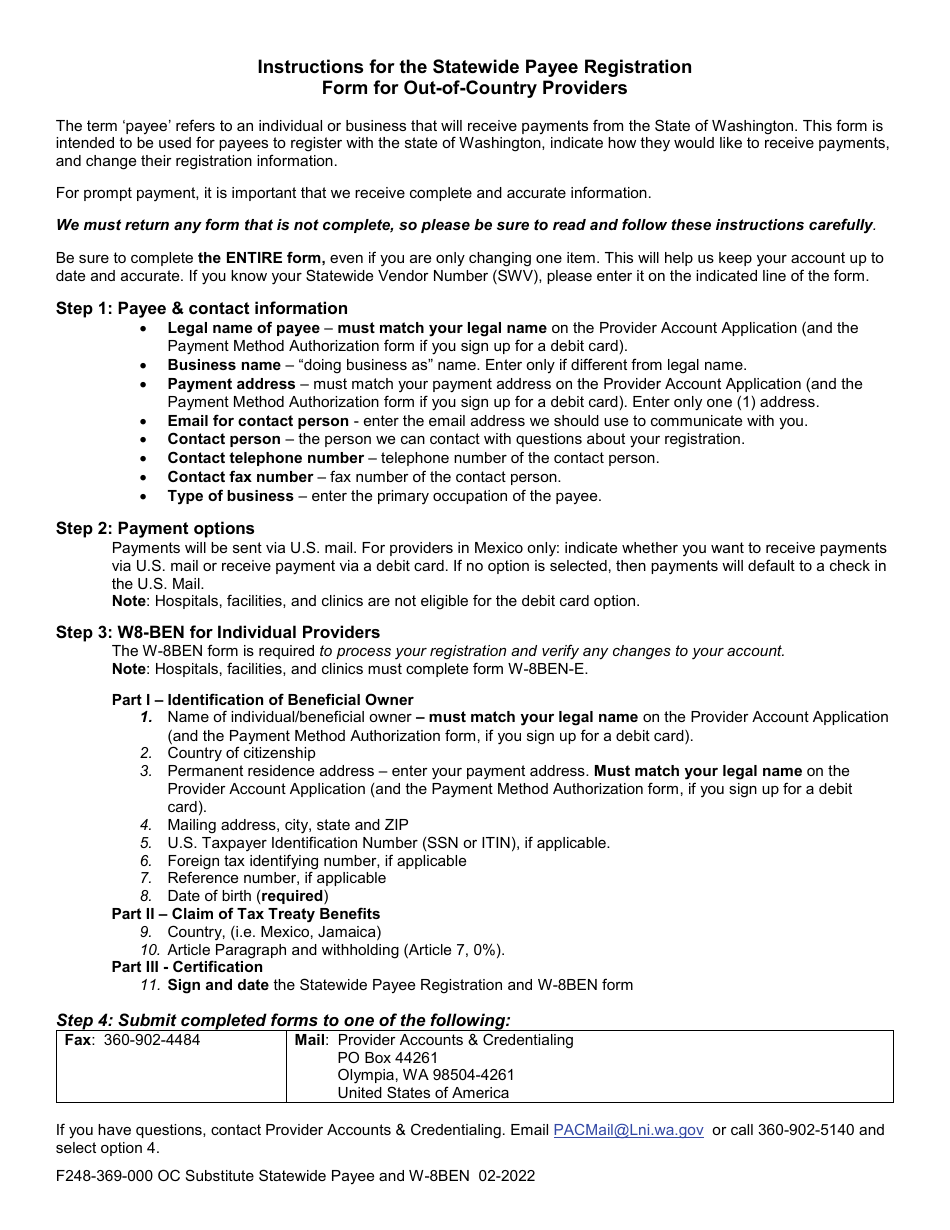Form F248-369-000 Statewide Payee Registration for out-Of-Country Providers - Washington, Page 2