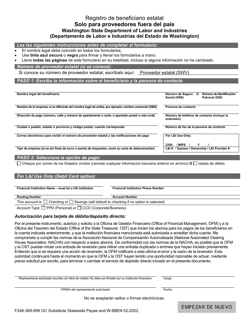 Formulario F248-369-999 Registro De Beneficiario Estatal Solo Para Proveedores Fuera Del Pais - Washington (Spanish), Page 1