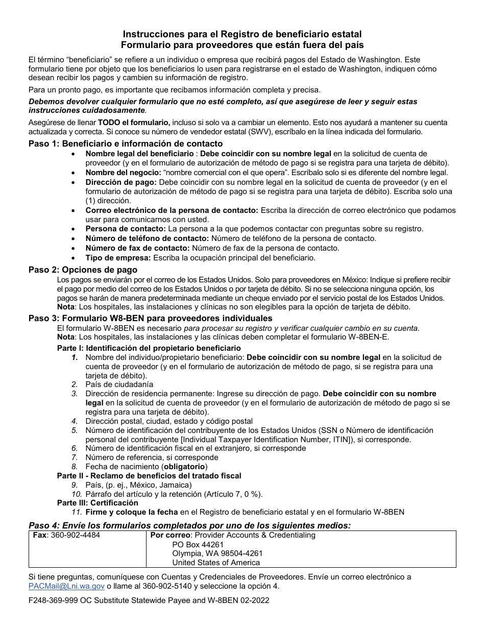Formulario F248-369-999 Registro De Beneficiario Estatal Solo Para Proveedores Fuera Del Pais - Washington (Spanish), Page 2