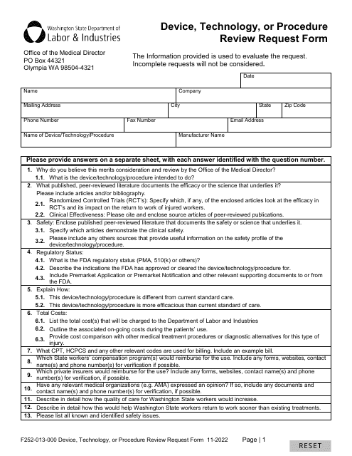 Form F252-013-000 Device, Technology, or Procedure Review Request Form - Washington