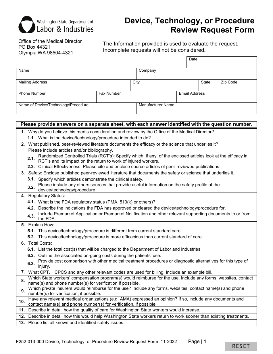 Form F252-013-000 Device, Technology, or Procedure Review Request Form - Washington, Page 1