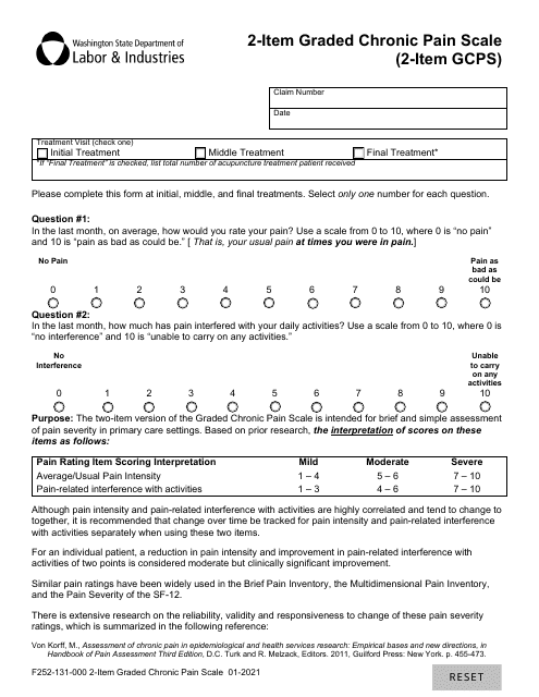 Form F252-131-000 2-item Graded Chronic Pain Scale (2-item Gcps) - Washington