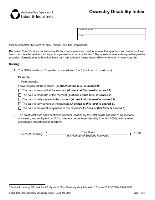 Form F252-130-000 Oswestry Disability Index - Washington