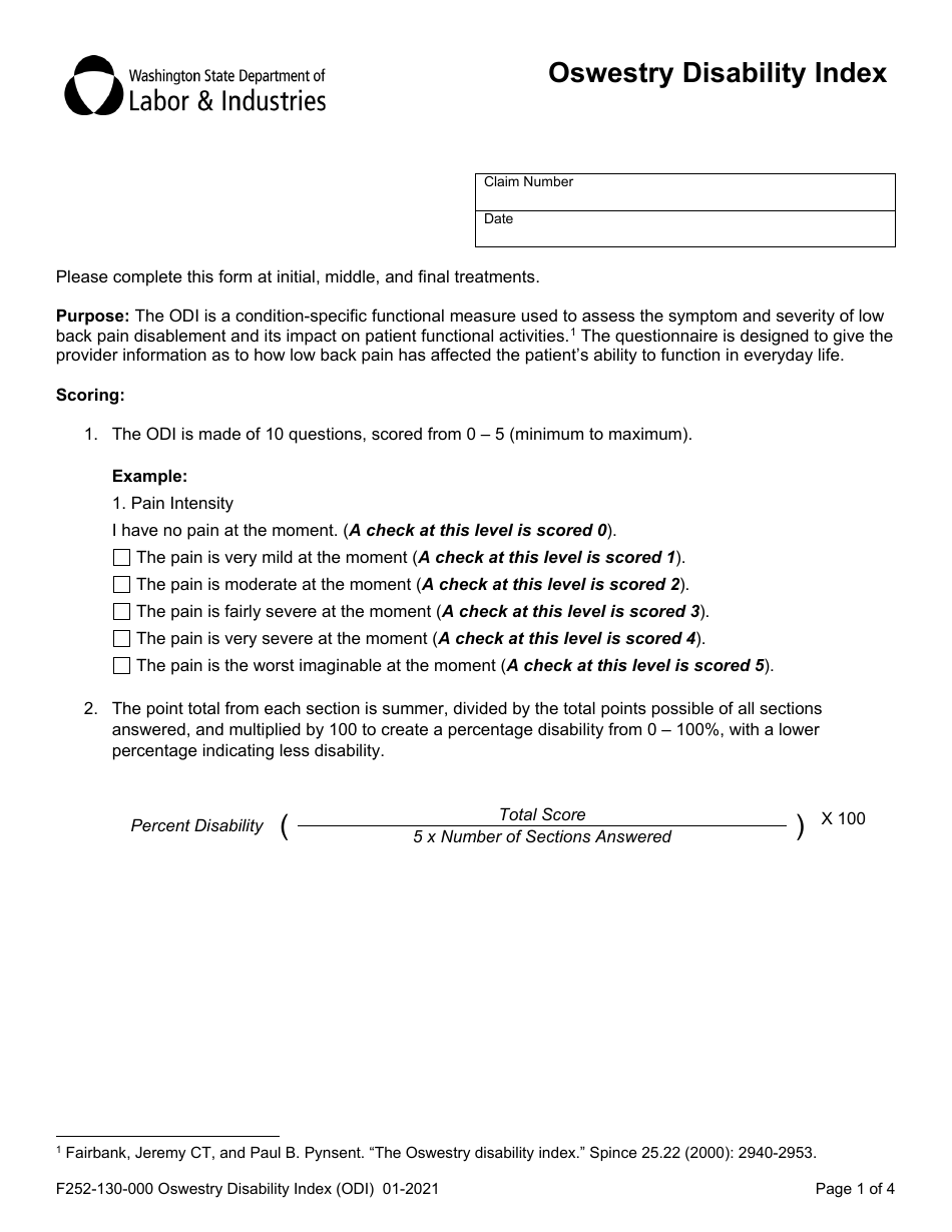 Form F252-130-000 Oswestry Disability Index - Washington, Page 1