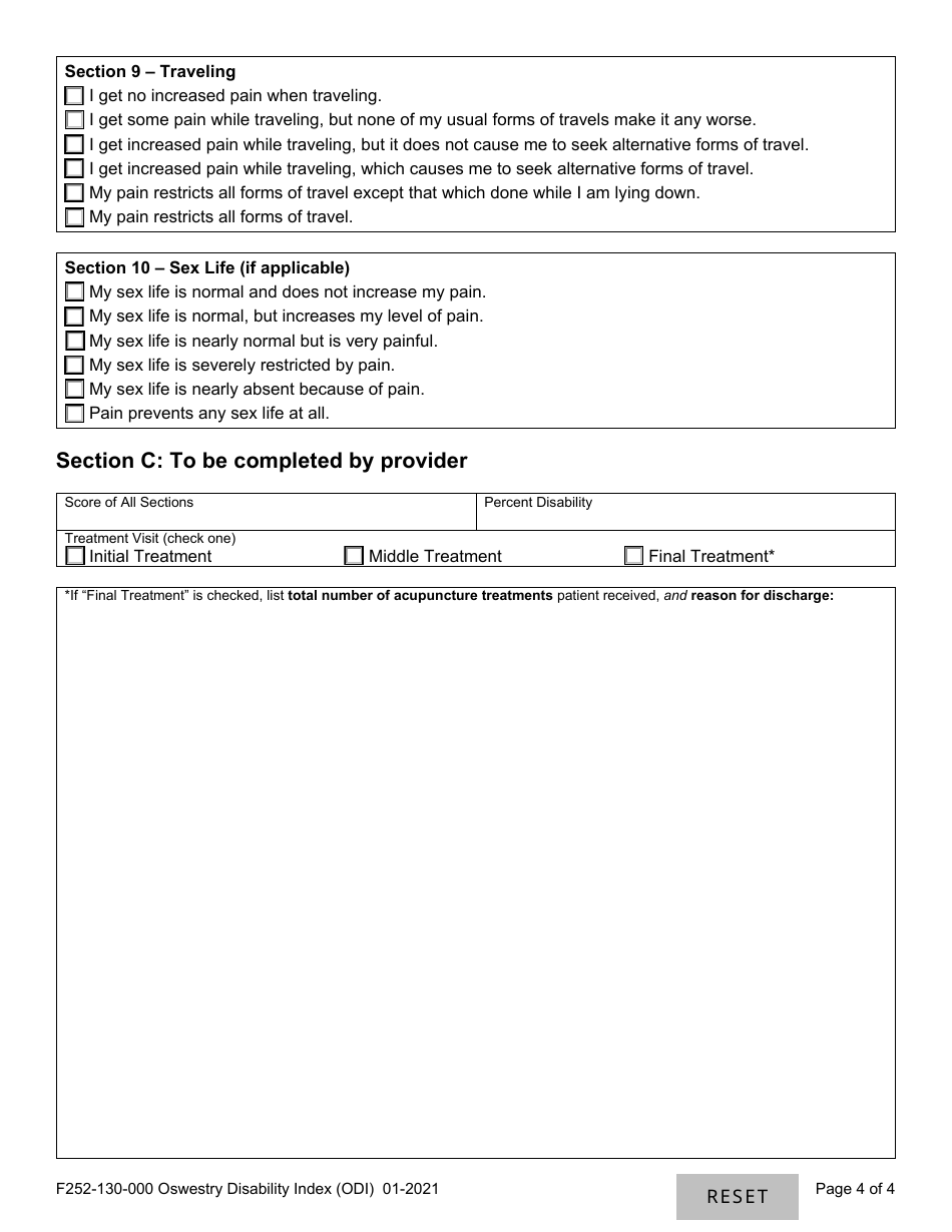 Form F252-130-000 Oswestry Disability Index - Washington, Page 4
