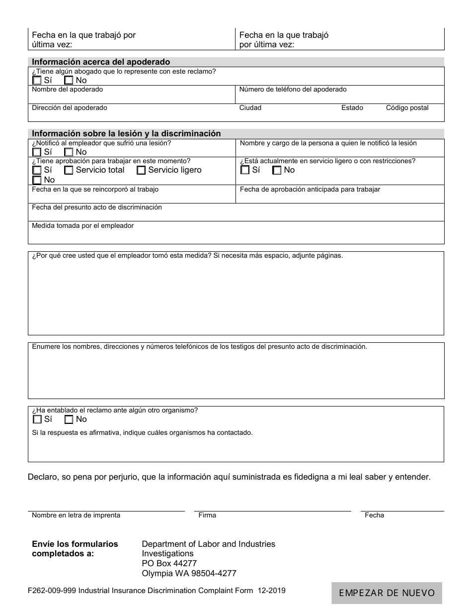 Formulario F262-009-999 Formulario De Reclamo Por Discriminacion De Seguro Industrial - Washington (Spanish), Page 2