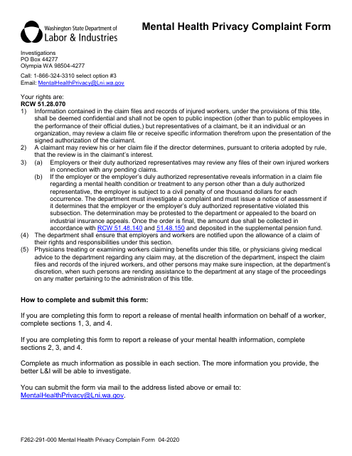 Form F262-291-000 Mental Health Privacy Complaint Form - Washington