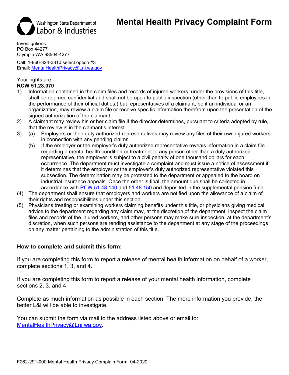 Form F262-291-000 Mental Health Privacy Complaint Form - Washington, Page 1