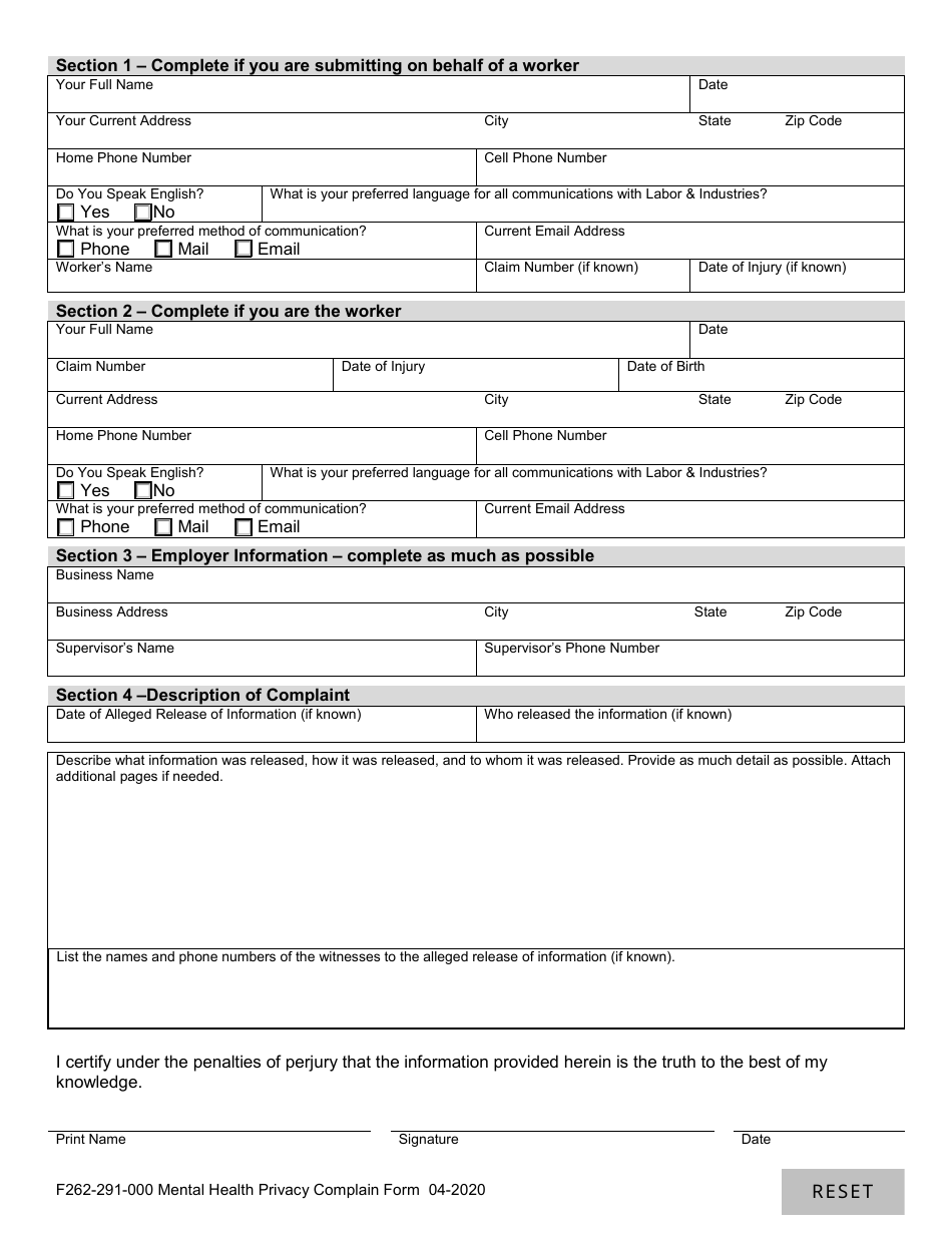 Form F262-291-000 Mental Health Privacy Complaint Form - Washington, Page 2