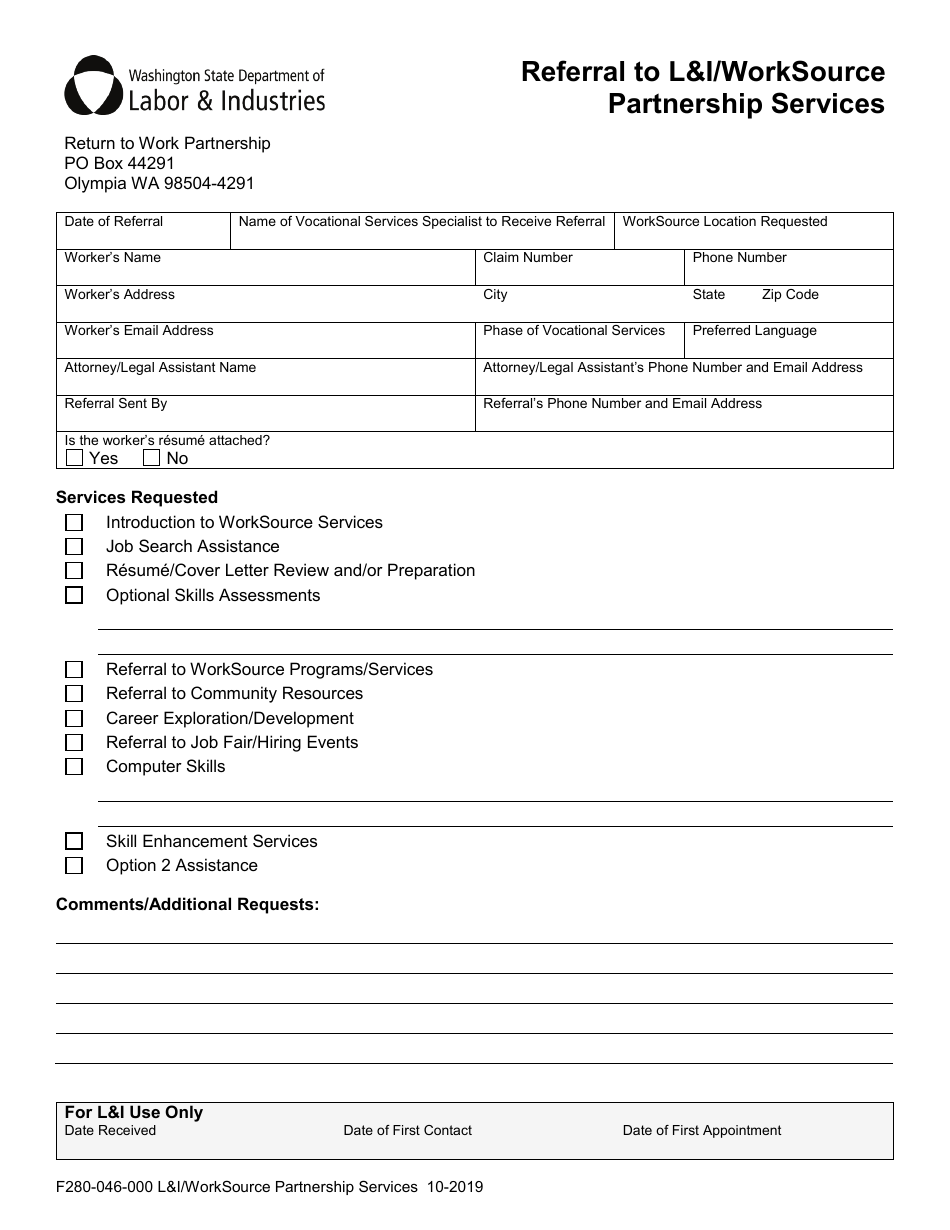 Form F280-046-000 Referral to Li / Worksource Partnership Services - Washington, Page 1