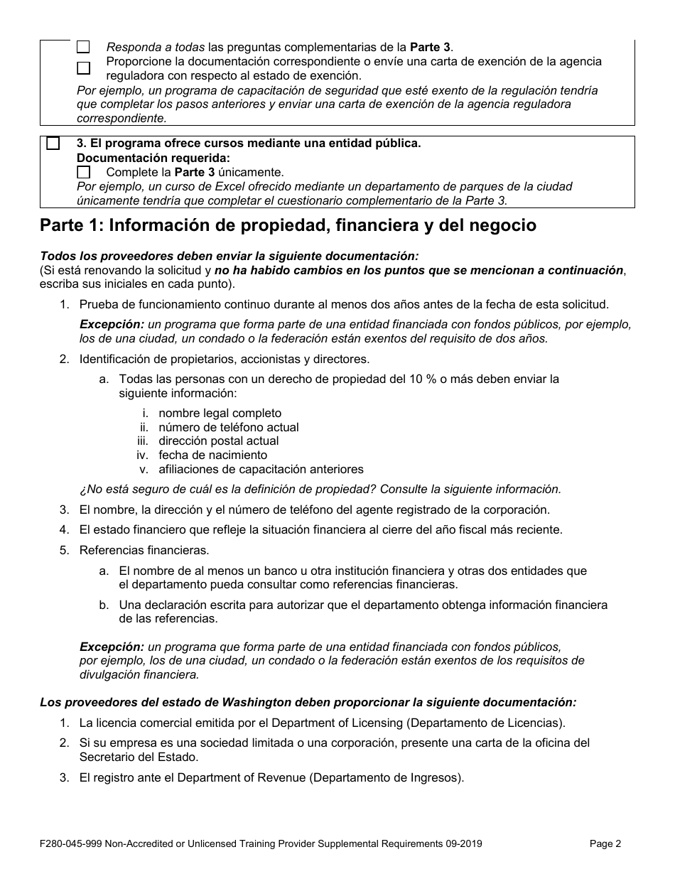 Formulario F280-045-999 Requisitos Complementarios Para Proveedores De Capacitacion No Acreditados O Sin Licencia - Washington (Spanish), Page 2