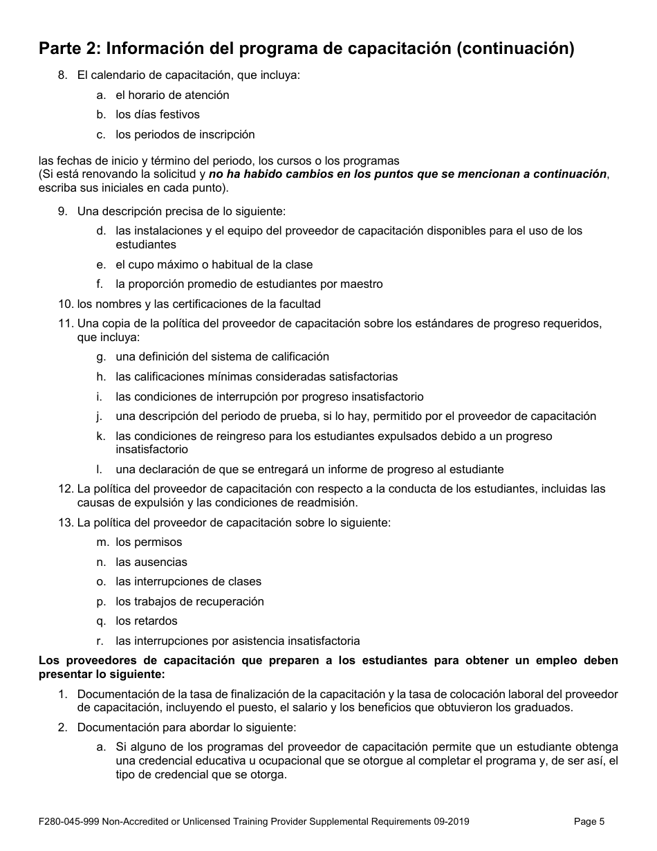 Formulario F280-045-999 Requisitos Complementarios Para Proveedores De Capacitacion No Acreditados O Sin Licencia - Washington (Spanish), Page 5