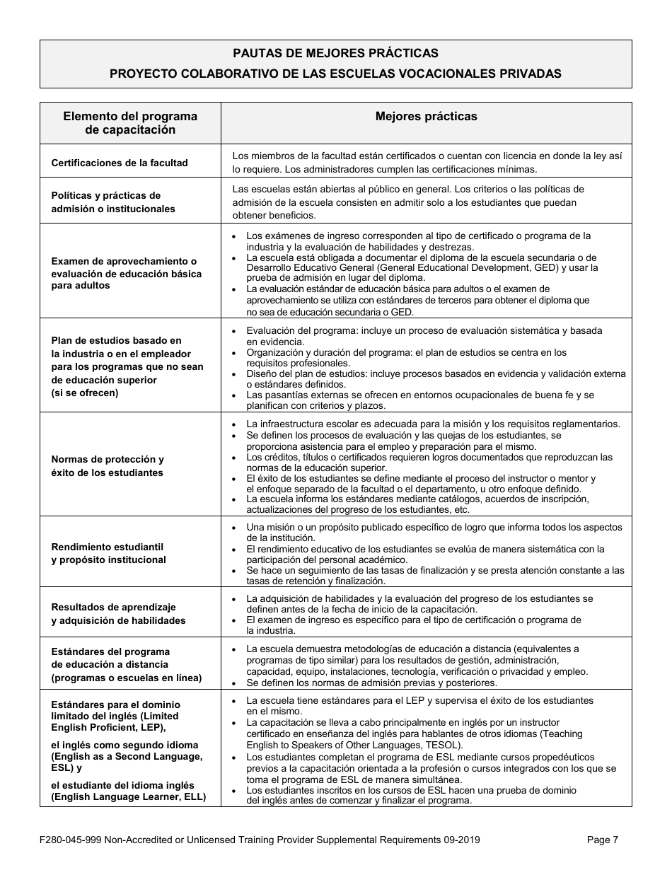 Formulario F280-045-999 Requisitos Complementarios Para Proveedores De Capacitacion No Acreditados O Sin Licencia - Washington (Spanish), Page 7
