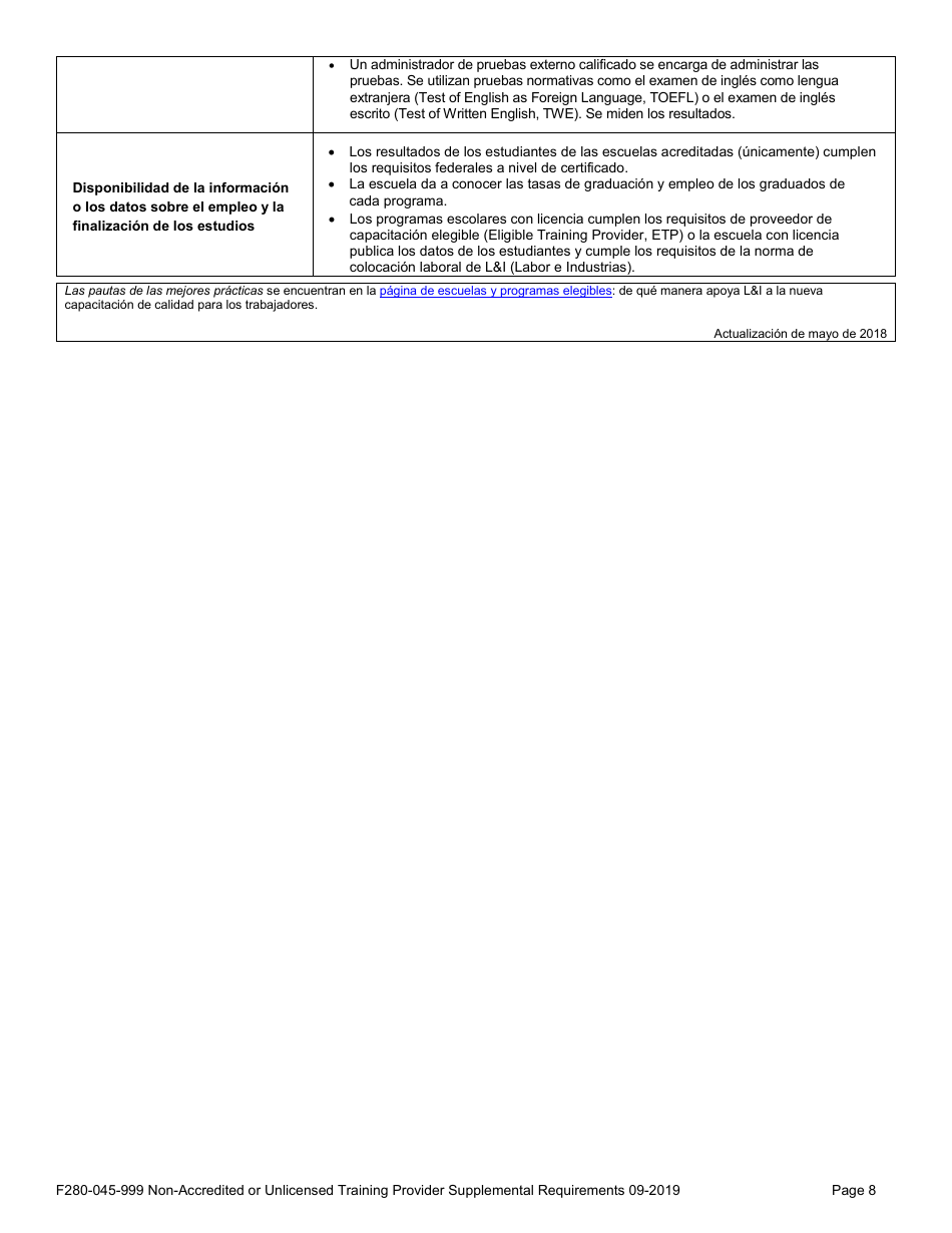 Formulario F280-045-999 Requisitos Complementarios Para Proveedores De Capacitacion No Acreditados O Sin Licencia - Washington (Spanish), Page 8