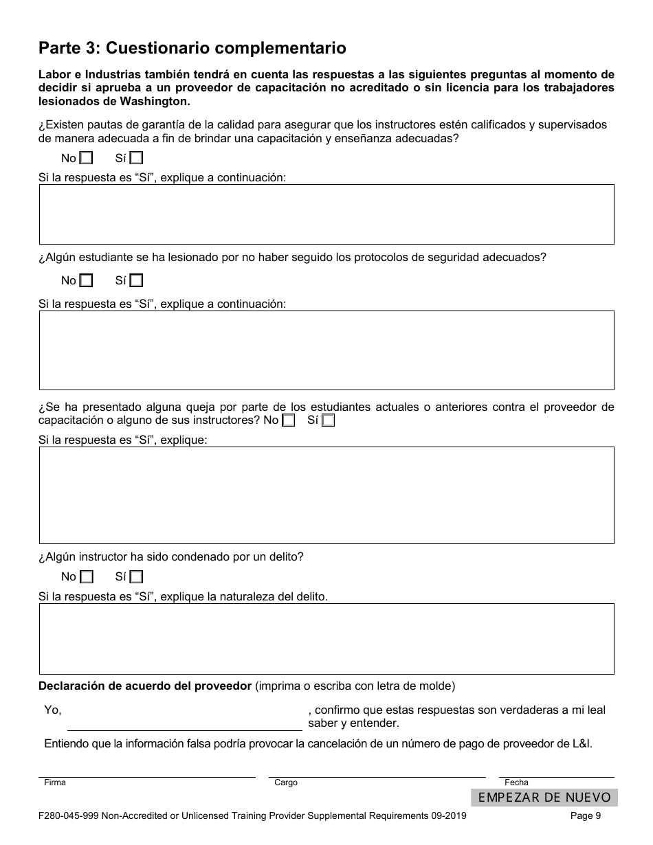 Formulario F280-045-999 Requisitos Complementarios Para Proveedores De Capacitacion No Acreditados O Sin Licencia - Washington (Spanish), Page 9