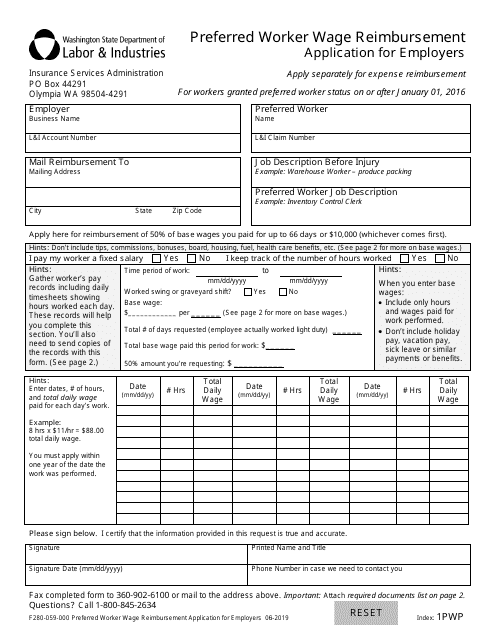 Form F280-059-000 Preferred Worker Wage Reimbursement Application for Employers - Washington