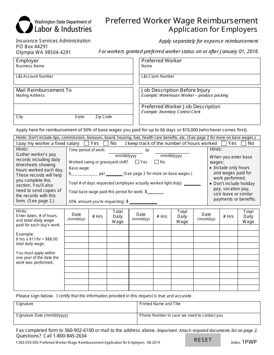 Form F280-059-000 Preferred Worker Wage Reimbursement Application for Employers - Washington, Page 1