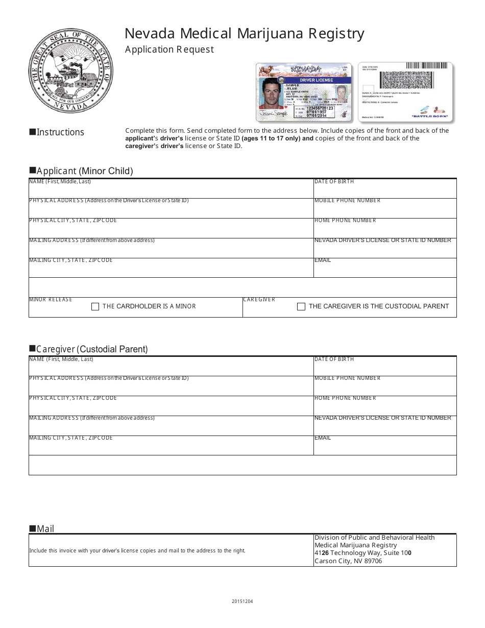 Nevada Medical Marijuana Registry Application Request - Minor Child - Nevada, Page 1