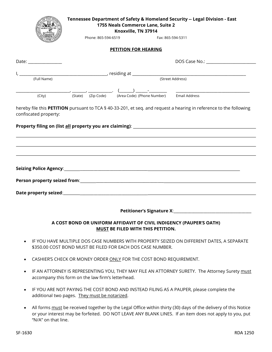 Form SF-1630 Petition for Hearing - East - Tennessee, Page 1