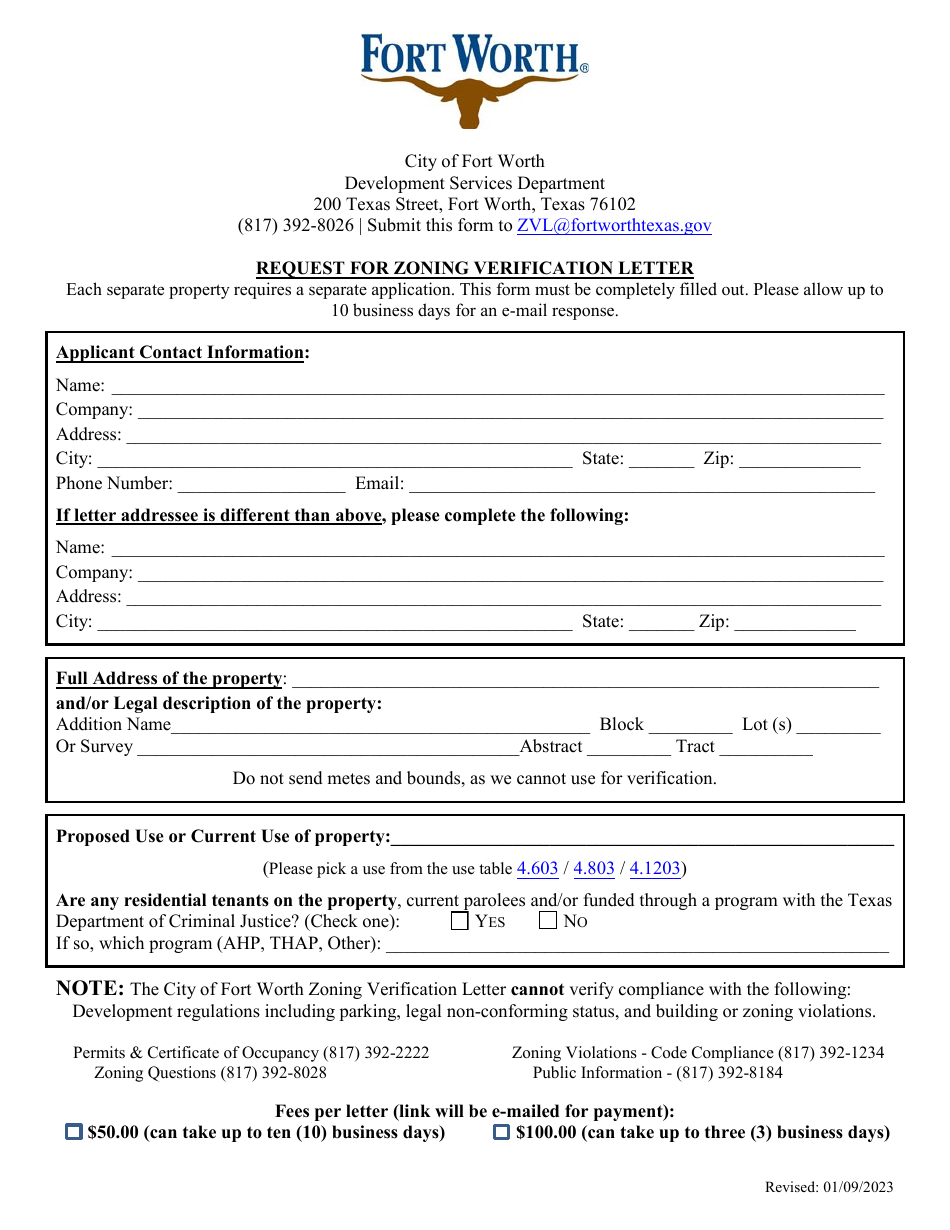 City of Fort Worth, Texas Request for Zoning Verification Letter Fill