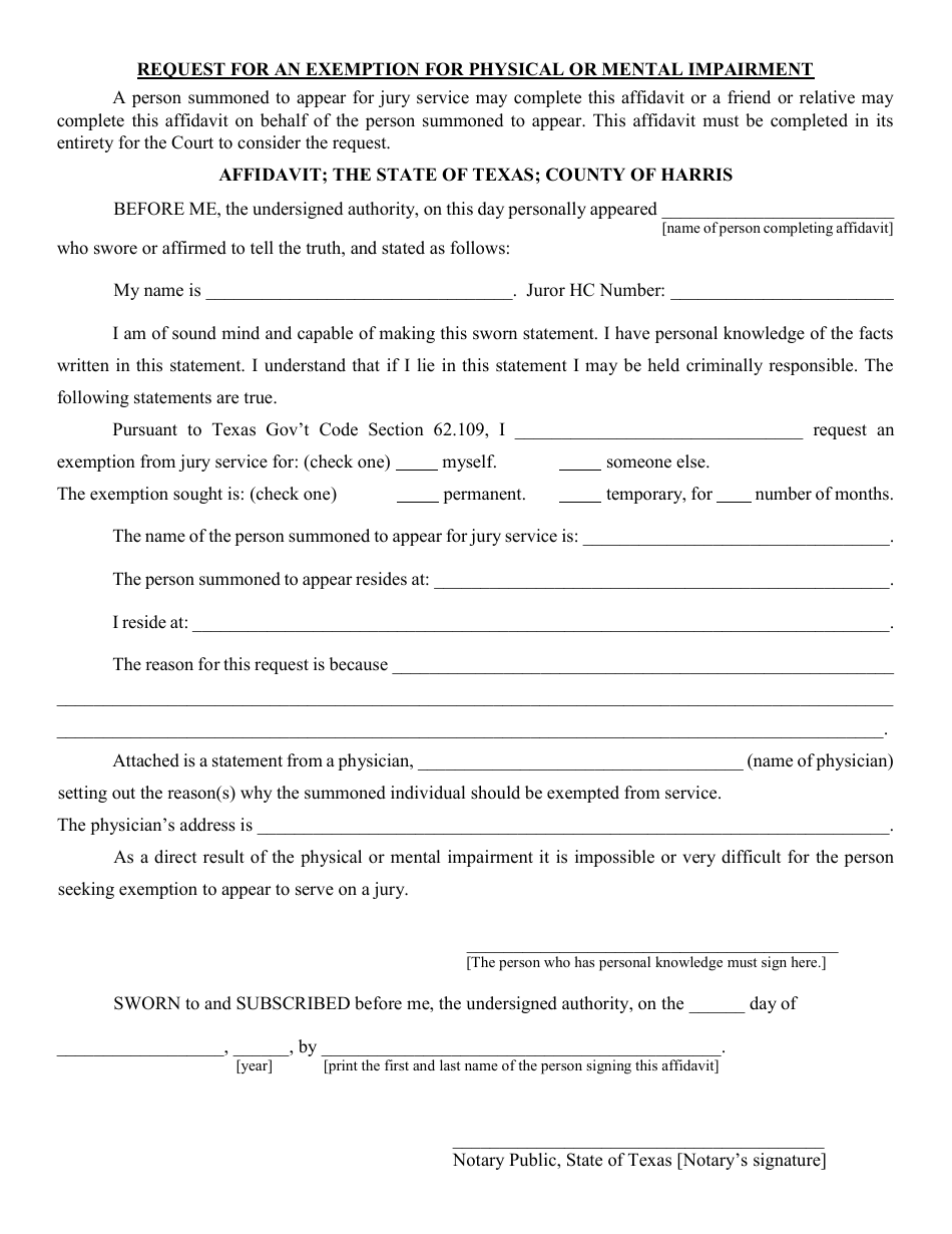 Request for an Exemption for Physical or Mental Impairment - Harris County, Texas, Page 1