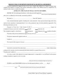 Document preview: Request for an Exemption for Physical or Mental Impairment - Harris County, Texas