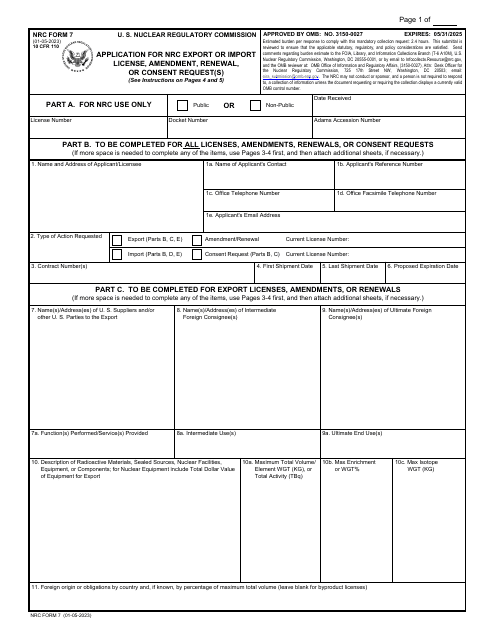NRC Form 7 Application for NRC Export or Import License, Amendment, Renewal, or Consent Request(S)