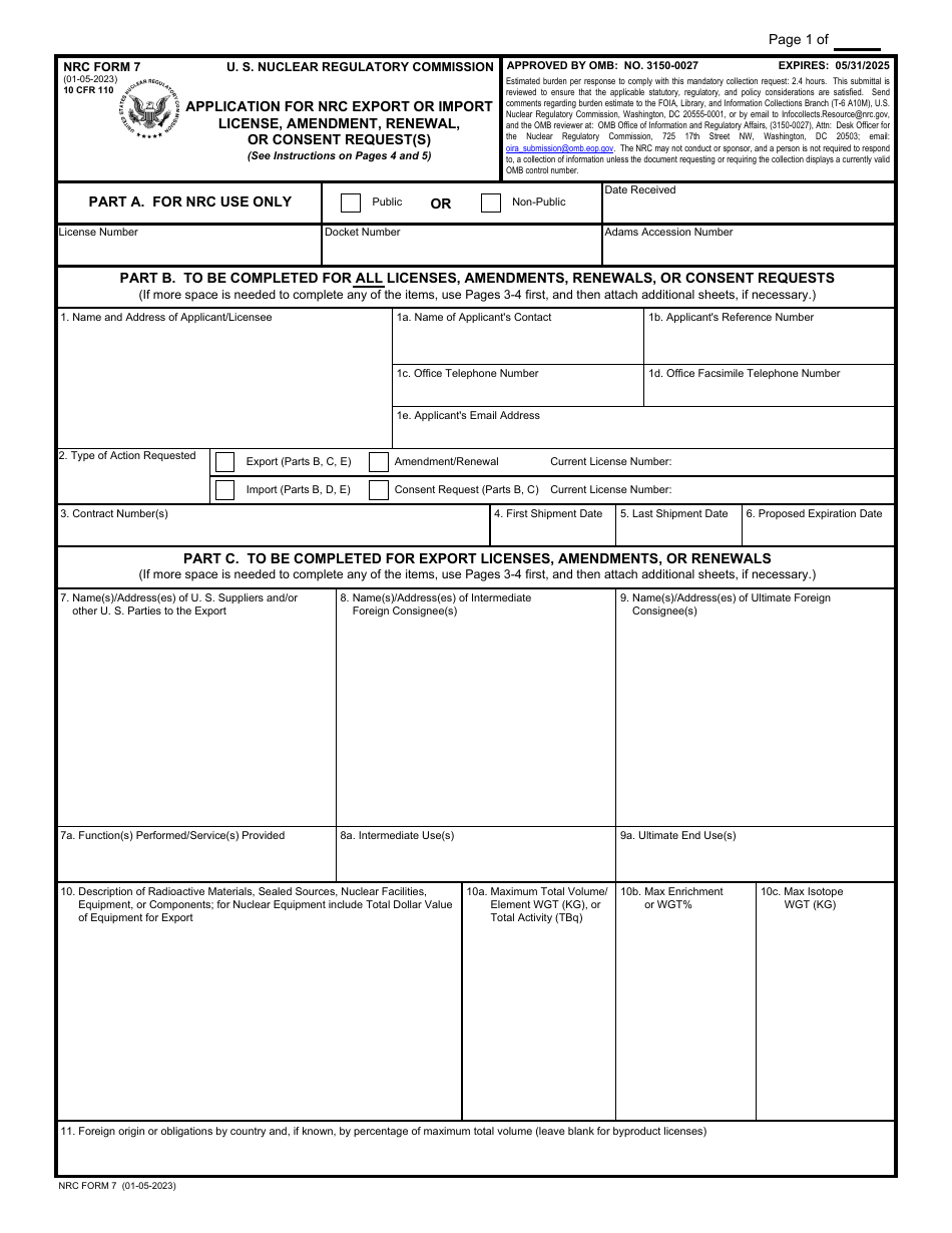 NRC Form 7 Application for NRC Export or Import License, Amendment, Renewal, or Consent Request(S), Page 1
