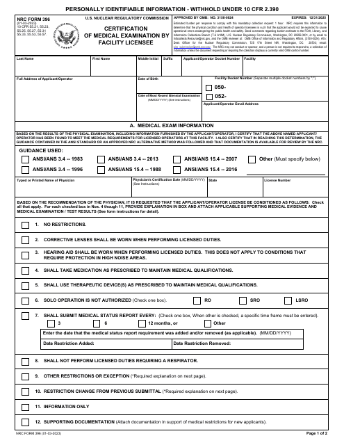 NRC Form 396  Printable Pdf