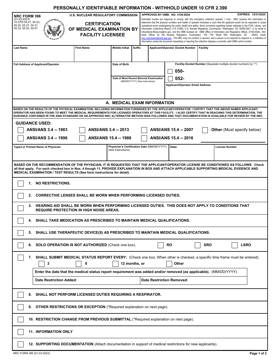 NRC Form 396 Certification of Medical Examination by Facility Licensee, Page 1