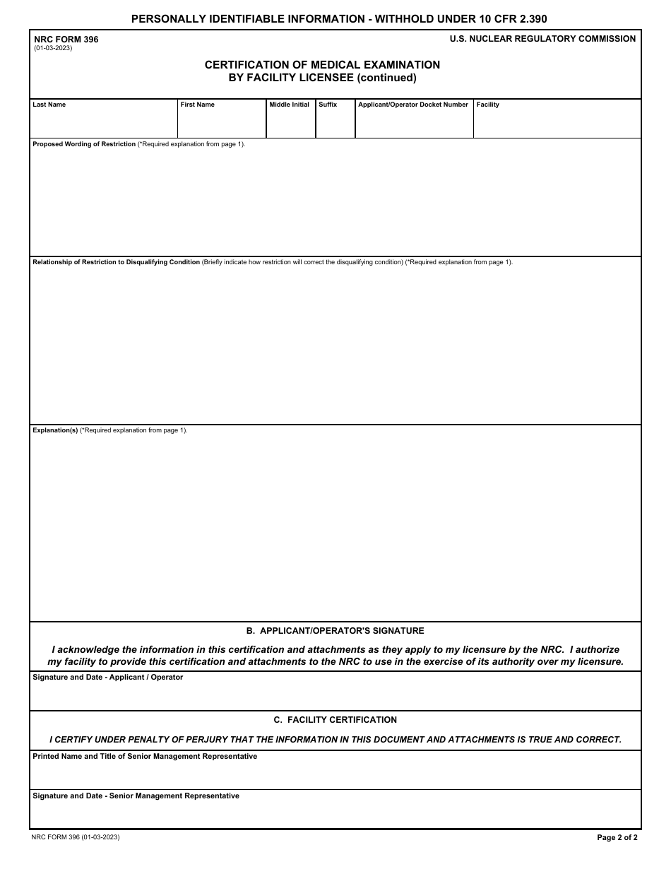 NRC Form 396 Certification of Medical Examination by Facility Licensee, Page 2