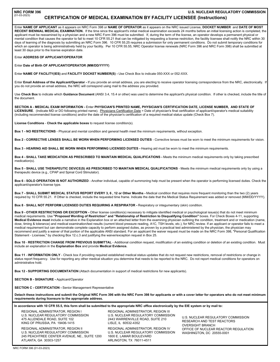 NRC Form 396 Certification of Medical Examination by Facility Licensee, Page 3