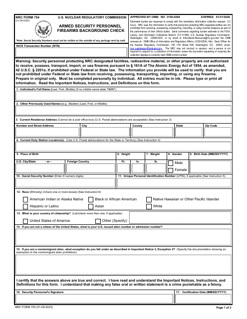 NRC Form 754  Printable Pdf