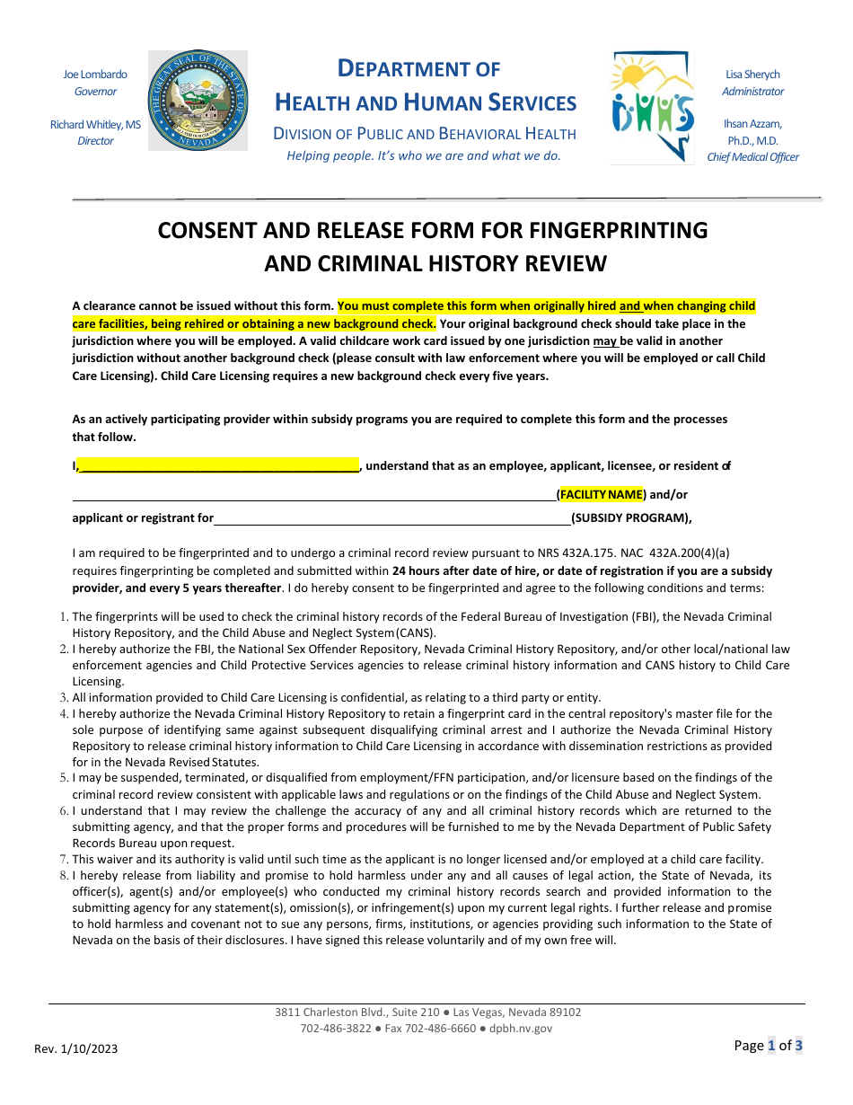 Consent and Release Form for Fingerprinting and Criminal History Review - Nevada, Page 1
