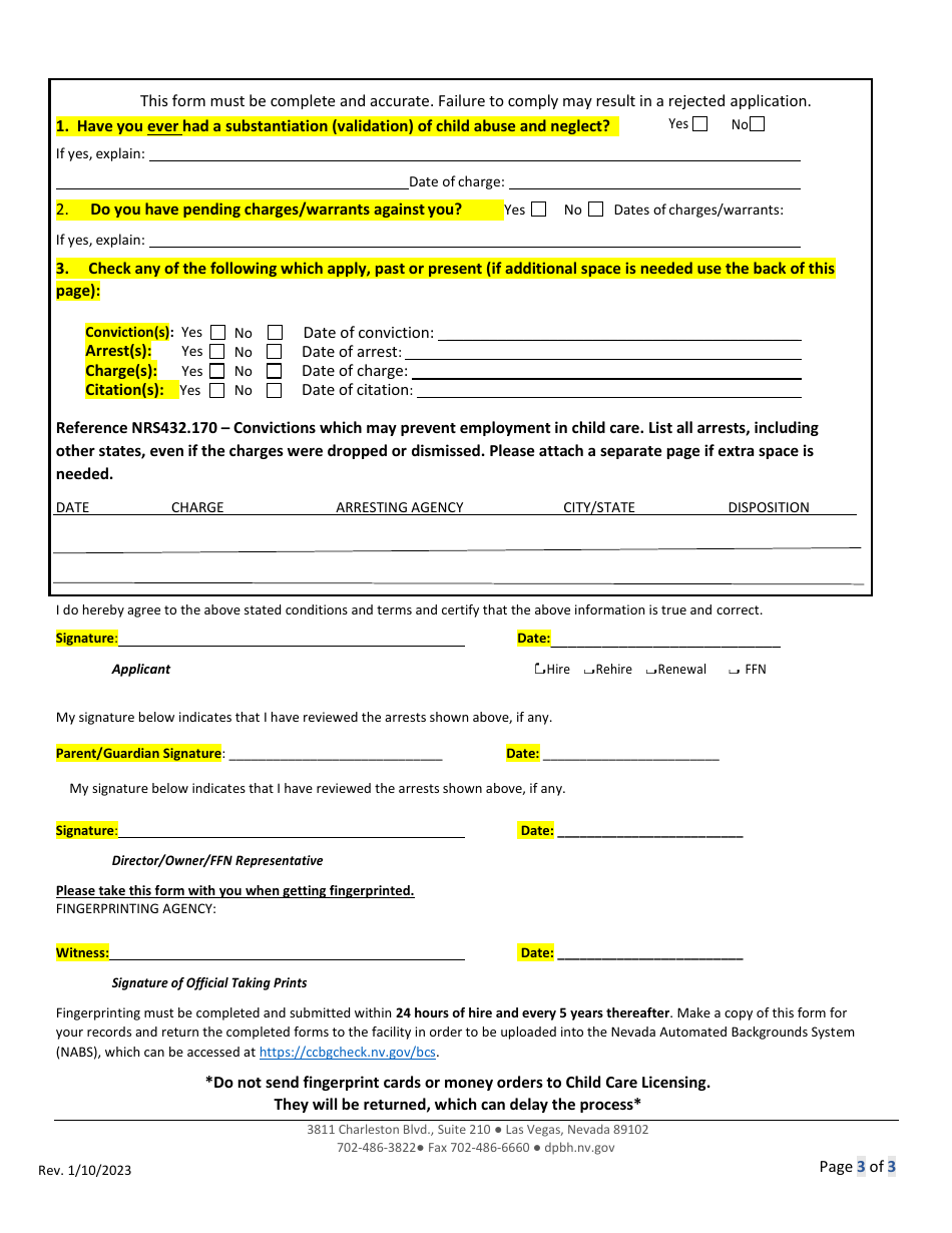 Consent and Release Form for Fingerprinting and Criminal History Review - Nevada, Page 3