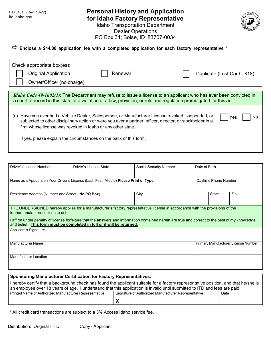 Form ITD3181 Personal History and Application for Idaho Factory Representative - Idaho, Page 1