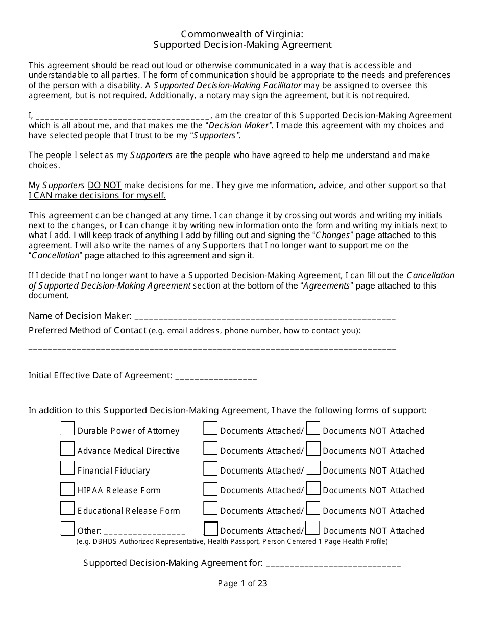 Supported Decision-Making Agreement - Virginia, Page 1