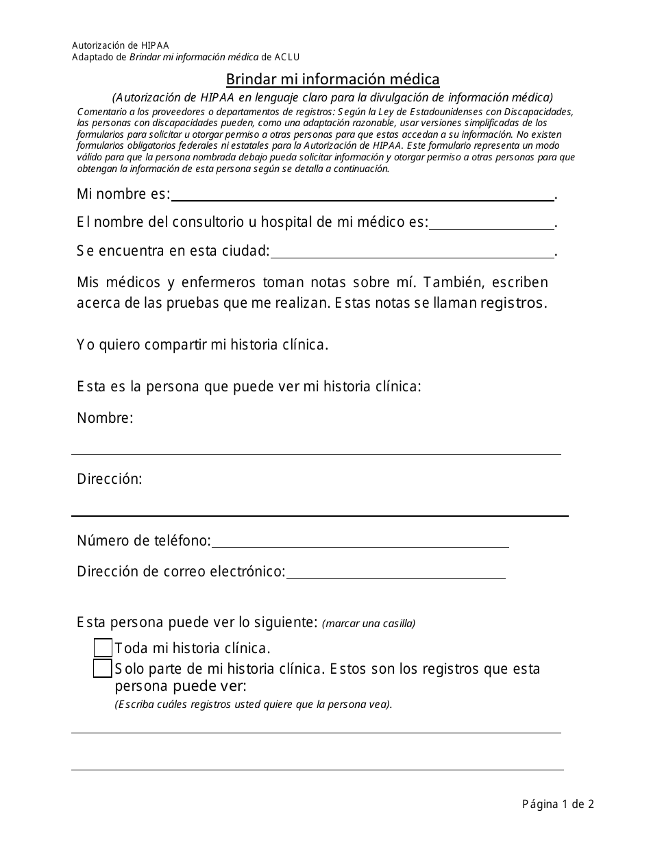 Brindar Mi Informacion Medica - Virginia (Spanish), Page 1