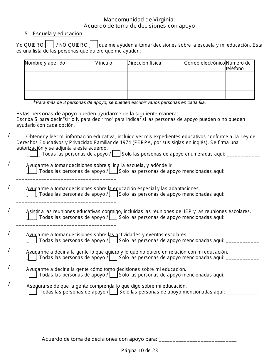 Acuerdo De Toma De Decisiones Con Apoyo - Virginia (Spanish), Page 10