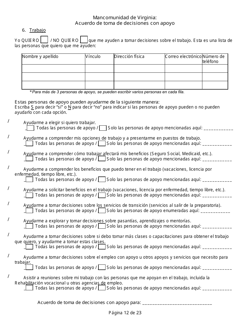 Acuerdo De Toma De Decisiones Con Apoyo - Virginia (Spanish), Page 12